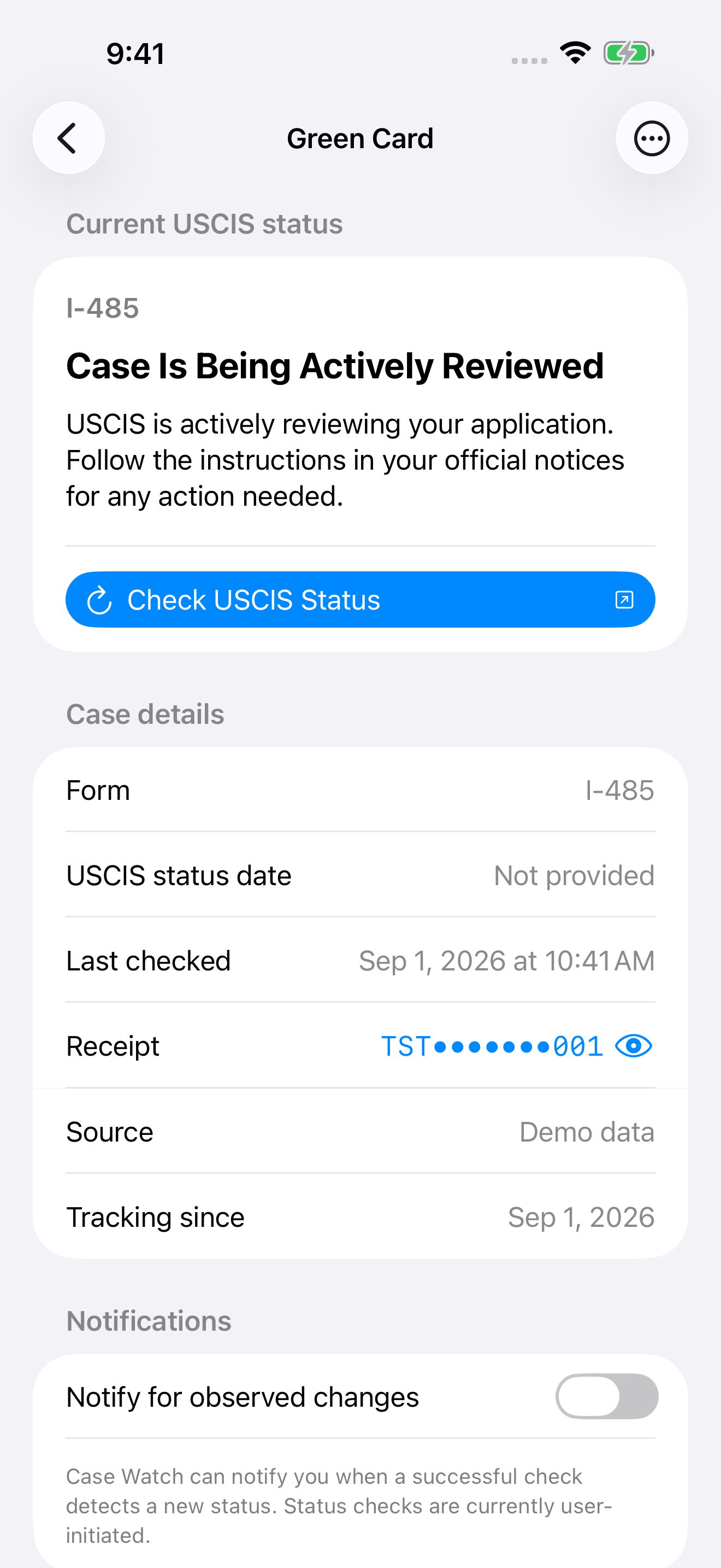 Case Watch showing a sample I-485 case, its current status, and a Check USCIS Status action.